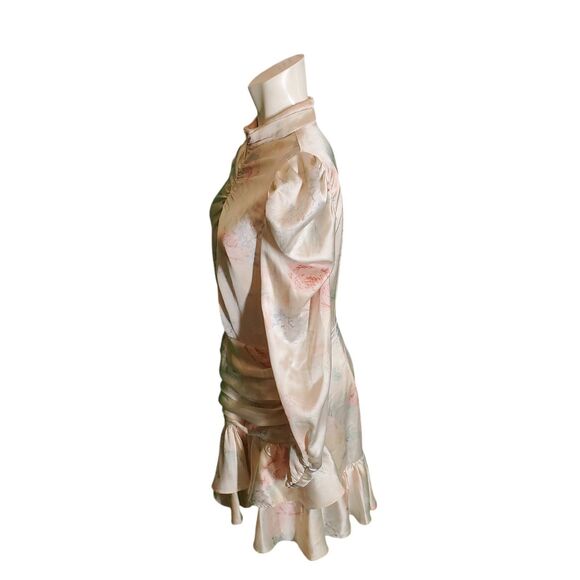 Bardot Sharna 80s inspired Satin Floral Ruched Puff Sleeve Mini Dress sz 8 - Picture 9 of 12